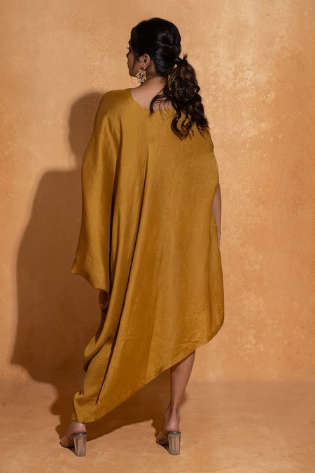 Shop_Sugandh Gupta_Yellow Dupian Silk Hand Embroidery Floral Round Neck Yoke Kaftan _at_Aza_Fashions
