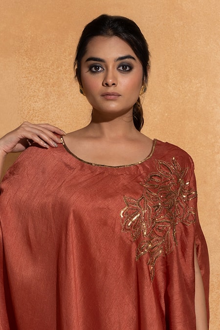 World of Sugandh_Peach Silk Sequins, Beads Round Neck Floral Embroidered Kaftan _Online_at_Aza_Fashions
