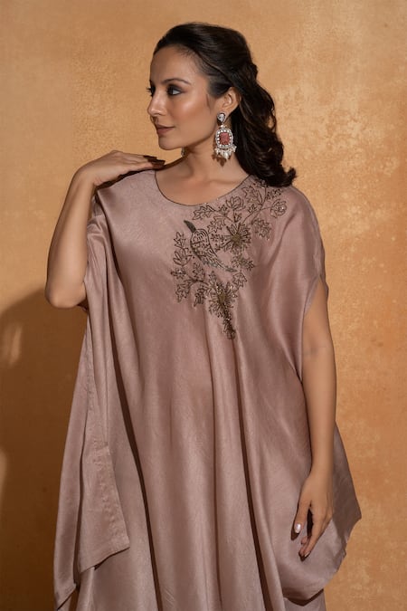 Buy_World of Sugandh_Purple Silk Sequins, Beads Round Neck Placement Flower Vine Embroidered Kaftan _Online_at_Aza_Fashions