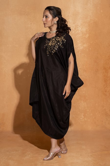World of Sugandh_Black Silk Sequins, Beads Round Neck Rosette Bloom Embroidered Kaftan _Online_at_Aza_Fashions