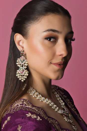 Shop Queens Jewels White Stones, Beads Radiant Tanmaniya Embellished Necklace Set at Aza Fashions Shop_Queens Jewels_White Stones, Beads Radiant Tanmaniya Embellished Necklace Set _at_Aza_Fashions