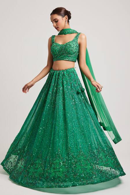 Buy Muditaa By Urmila Green Organza, Net Sequins, Stones Markata Hand Embroidered Lehenga Set Online at Aza Fashions Buy_Muditaa By Urmila_Green Organza, Net Sequins, Stones Markata Hand Embroidered Lehenga Set _Online_at_Aza_Fashions