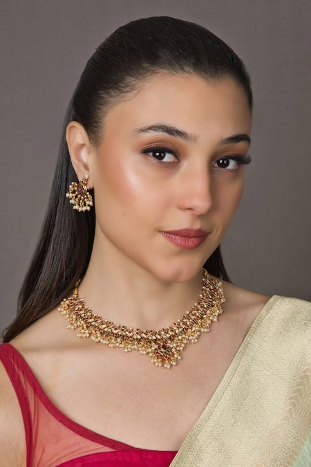 Queens Jewels Gold Temple Carved Choker Set 
