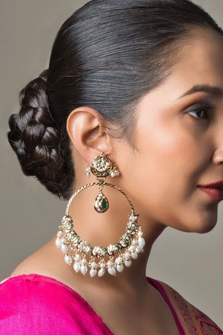 Shop Queens Jewels Gold Plated Stones, Beads Shanaya Jadau Embellished Chandbalis at Aza Fashions Shop_Queens Jewels_Gold Plated Stones, Beads Shanaya Jadau Embellished Chandbalis _at_Aza_Fashions