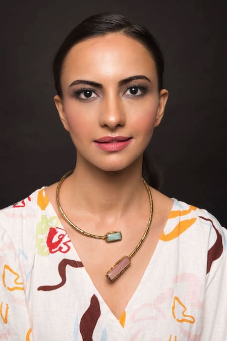 Shop Queens Jewels Blue Gold Plated Turquoise Jaspar Necklace at Aza Fashions Shop_Queens Jewels_Blue Gold Plated Turquoise Jaspar Necklace _at_Aza_Fashions