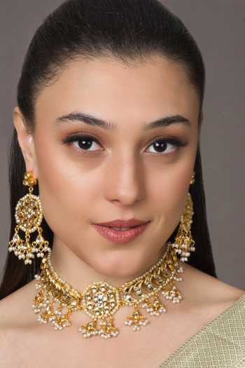 Shop Queens Jewels Gold Plated Beads, Stones, Zari Kundan Embellished Choker Set at Aza Fashions Shop_Queens Jewels_Gold Plated Beads, Stones, Zari Kundan Embellished Choker Set _at_Aza_Fashions