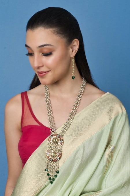 Shop Queens Jewels Gold Plated Pearls, Stones, Beads Royale Double Half Moon Jadau Necklace Set at Aza Fashions Shop_Queens Jewels_Gold Plated Pearls, Stones, Beads Royale Double Half Moon Jadau Necklace Set _at_Aza_Fashions