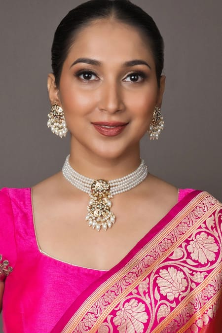 Shop Queens Jewels Multi Color Pearls, Stones Exquisite Firoza Jadau Choker Set at Aza Fashions Shop_Queens Jewels_Multi Color Pearls, Stones Exquisite Firoza Jadau Choker Set _at_Aza_Fashions