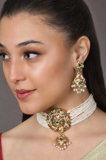 Shop Queens Jewels Multi Color Pearls, Stones, Beads Vibrant Jadau Round Choker Set at Aza Fashions Shop_Queens Jewels_Multi Color Pearls, Stones, Beads Vibrant Jadau Round Choker Set _at_Aza_Fashions