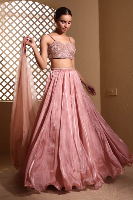Shop_Muditaa By Urmila_Pink Organza Embroidery Sweetheart Neck Suhana Hand Blouse Lehenga Set _Online_at_Aza_Fashions