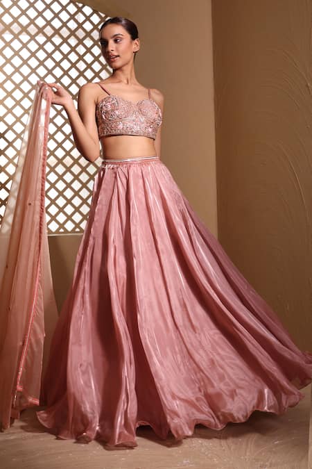 Muditaa By Urmila_Pink Organza Embroidery Sweetheart Neck Suhana Hand Blouse Lehenga Set _at_Aza_Fashions