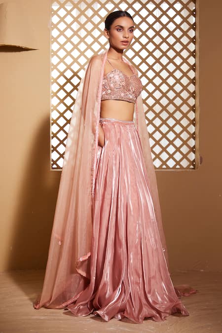 Shop_Muditaa By Urmila_Pink Organza Embroidery Sweetheart Neck Suhana Hand Blouse Lehenga Set 