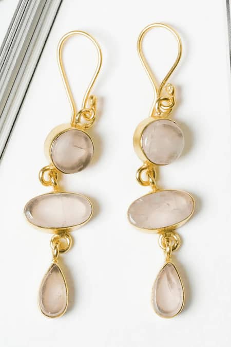 Shop_Queens Jewels_Pink Stones Rose Quartz Studded Earrings _at_Aza_Fashions