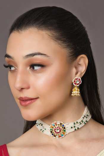 Buy Queens Jewels Multi Color Pearls, Stones, Beads Barkha Kundan Studded Choker Set at Aza Fashions Buy_Queens Jewels_Multi Color Pearls, Stones, Beads Barkha Kundan Studded Choker Set _at_Aza_Fashions