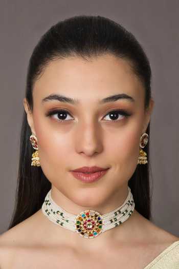 Shop Queens Jewels Multi Color Pearls, Stones, Beads Barkha Kundan Studded Choker Set at Aza Fashions Shop_Queens Jewels_Multi Color Pearls, Stones, Beads Barkha Kundan Studded Choker Set _at_Aza_Fashions