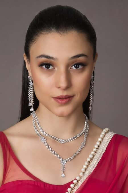 Shop Queens Jewels White Imitation Diamonds Exquisite American Studded Layered Necklace Set at Aza Fashions Shop_Queens Jewels_White Imitation Diamonds Exquisite American Studded Layered Necklace Set _at_Aza_Fashions