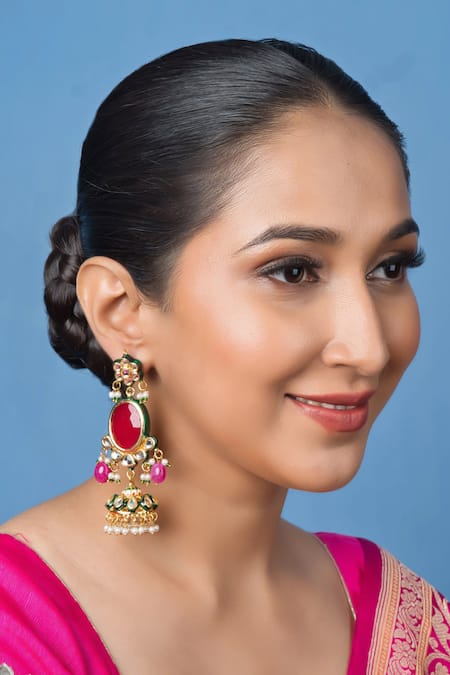 Shop Queens Jewels Red Elegant Stone Kundan Jhumka at Aza Fashions Shop_Queens Jewels_Red Elegant Stone Kundan Jhumka _at_Aza_Fashions