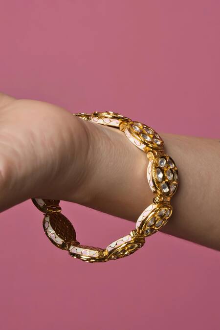 Shop_Queens Jewels_Gold Plated Crystals Flower Kundan Bracelet_at_Aza_Fashions