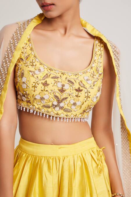 Shop_Muditaa By Urmila_Yellow Silk, Net Pearls, Sequins Round Neck Ghazal Hand Embroidered Lehenga Set _Online_at_Aza_Fashions
