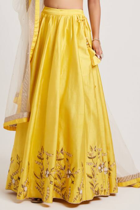 Muditaa By Urmila_Yellow Silk, Net Pearls, Sequins Round Neck Ghazal Hand Embroidered Lehenga Set _at_Aza_Fashions