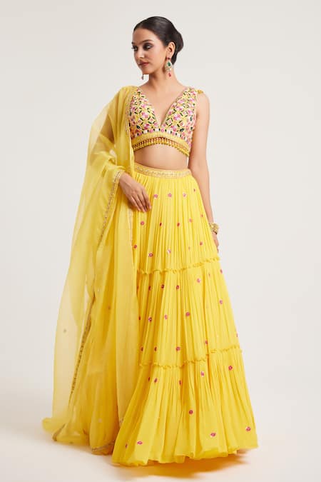 Shop_Muditaa By Urmila_Yellow Georgette, Organza Tassels, Sequins, Embroidery Hanika Hand Lehenga Set 