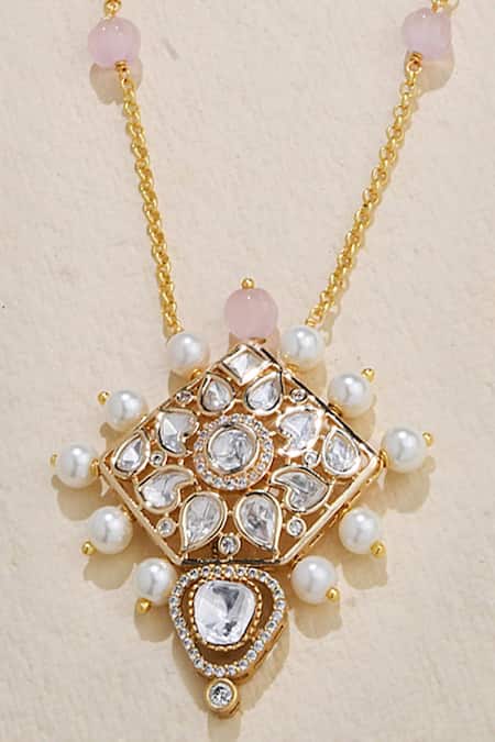 Shop_Joules By Radhika_Gold Plated Kundan And Pearl Embellished Pendant Necklace _at_Aza_Fashions