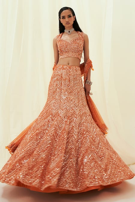 Rococo Orange Net Embroidered Sequin Sweetheart Sara Fish Cut Lehenga Set 