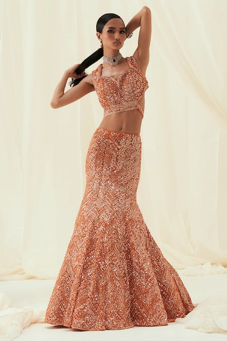 Buy_Rococo_Orange Net Sequins, Cut Work Sweetheart Neck Sara Embroidered Fish Lehenga Set _Online_at_Aza_Fashions