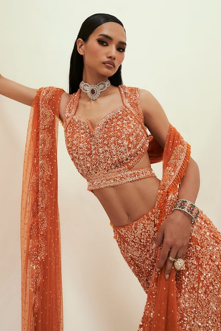 Shop_Rococo_Orange Net Sequins, Cut Work Sweetheart Neck Sara Embroidered Fish Lehenga Set _Online_at_Aza_Fashions