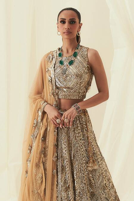 Buy_Rococo_Gold Net Sequins, Cut Work Round Neck Amire Embroidered Lehenga Set _Online_at_Aza_Fashions