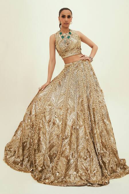Shop_Rococo_Gold Net Sequins, Cut Work Round Neck Amire Embroidered Lehenga Set _Online_at_Aza_Fashions