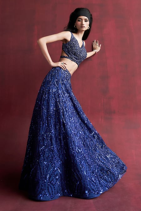 Rococo Blue Net Embroidered Sequin V-neck Nazrin Lehenga Set 