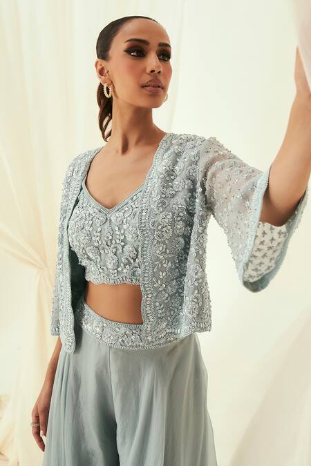 Rococo_Blue Organza, Net Embroidery, Sequins V-neck, Maya Jacket With Sharara Set _Online_at_Aza_Fashions