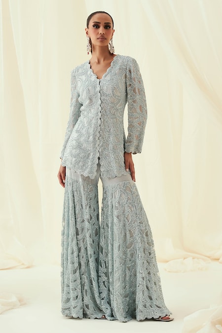 Rococo Blue Net Embroidered Sequin V-neck Nafisa Short Kurta With Gharara 