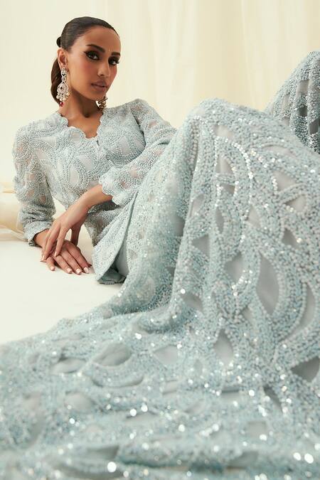 Rococo_Blue Organza, Net Cut Work, Sequins Nafisa Embroidered Short Kurta With Gharara _Online_at_Aza_Fashions
