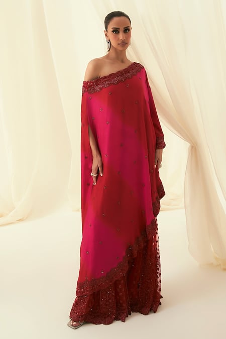 Rococo Pink Net Embroidered Sequin One-shoulder Amani Cape With Sharara 