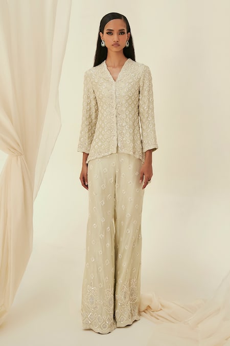 Rococo Green Organza Embroidered Pearl V-neck Zeina Jacket With Flared Pant 