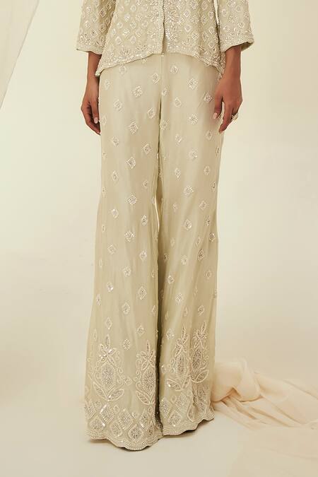 Rococo_Green Silk, Organza Pearls, Sequins Zeina Embroidered Jacket With Flared Pant _Online_at_Aza_Fashions