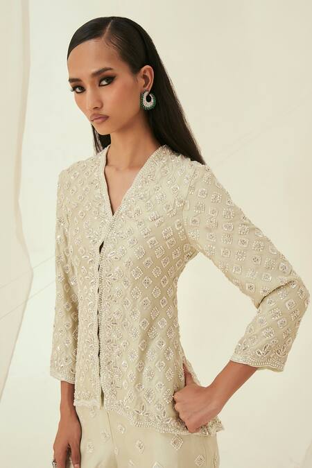 Buy_Rococo_Green Silk, Organza Pearls, Sequins Zeina Embroidered Jacket With Flared Pant _Online_at_Aza_Fashions