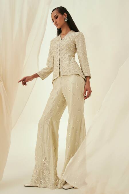 Shop_Rococo_Green Silk, Organza Pearls, Sequins Zeina Embroidered Jacket With Flared Pant _Online_at_Aza_Fashions