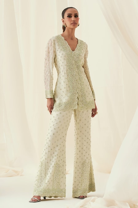 Rococo Green Organza Embroidered Pearl V-neck Farida Jacket With Flared Pant 