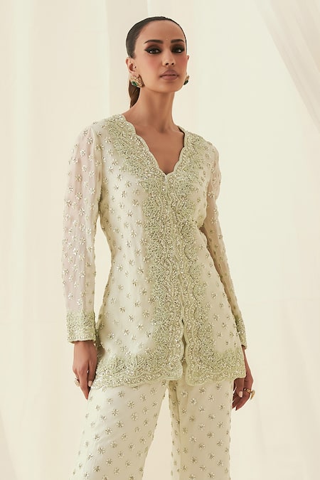 Rococo_Green Silk, Organza Pearls, Sequins Farida Embroidered Jacket With Flared Pant _Online_at_Aza_Fashions