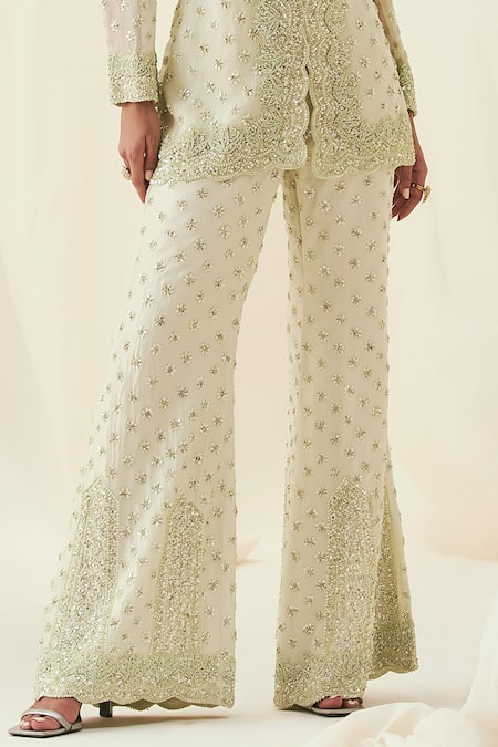 Buy_Rococo_Green Silk, Organza Pearls, Sequins Farida Embroidered Jacket With Flared Pant _Online_at_Aza_Fashions