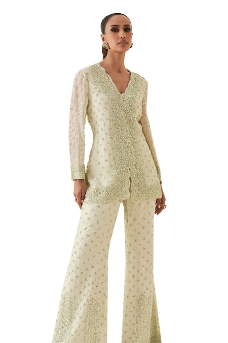 Shop_Rococo_Green Silk, Organza Pearls, Sequins Farida Embroidered Jacket With Flared Pant _Online_at_Aza_Fashions