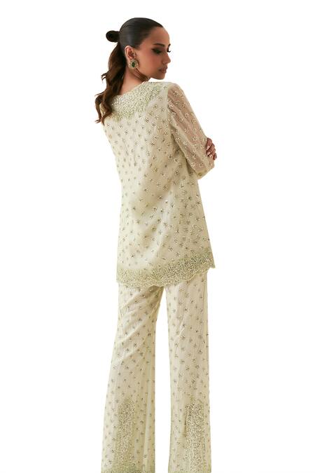 Rococo_Green Silk, Organza Pearls, Sequins Farida Embroidered Jacket With Flared Pant _at_Aza_Fashions