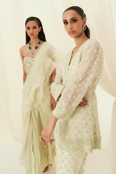 Buy_Rococo_Green Silk, Organza Pearls, Sequins Farida Embroidered Jacket With Flared Pant 