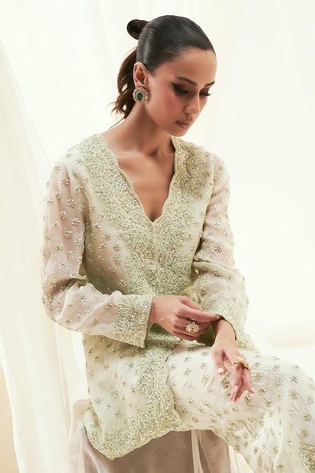 Shop_Rococo_Green Silk, Organza Pearls, Sequins Farida Embroidered Jacket With Flared Pant 