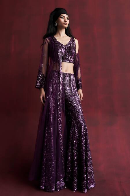 Buy_Rococo_Magenta Net Embroidered Sequin V-neck Laia Jacket With Saharara Set_Online_at_Aza_Fashions