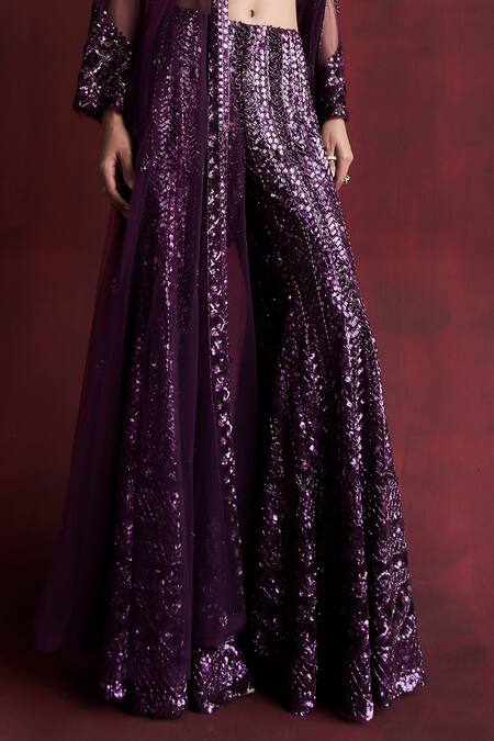 Shop_Rococo_Magenta Net Embroidered Sequin V-neck Laia Jacket With Saharara Set_Online_at_Aza_Fashions