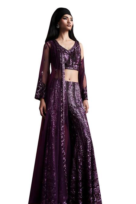 Rococo_Magenta Net Embroidered Sequin V-neck Laia Jacket With Saharara Set_at_Aza_Fashions